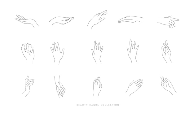 Set of beauty hand line design abstract female hands and finger sign or symbole outline icon for logo cosmetic skin care and woman business vector illustration