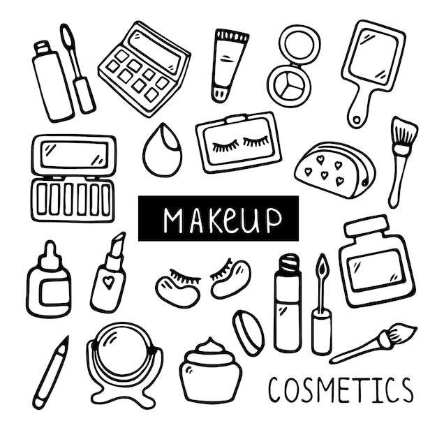 Vector set of beauty makeup cosmetic doodles hand drawn vector illustration isolated on white background