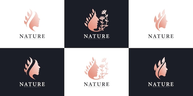 Set di collezione di design del logo della natura di bellezza con combinazione di foglie e viso per il salone di bellezza vettore premium