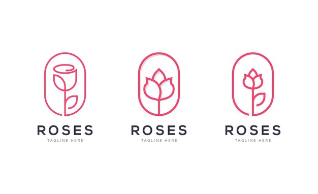 Set of beauty rose flower in line art style logo design for fashion cosmetic salon spa