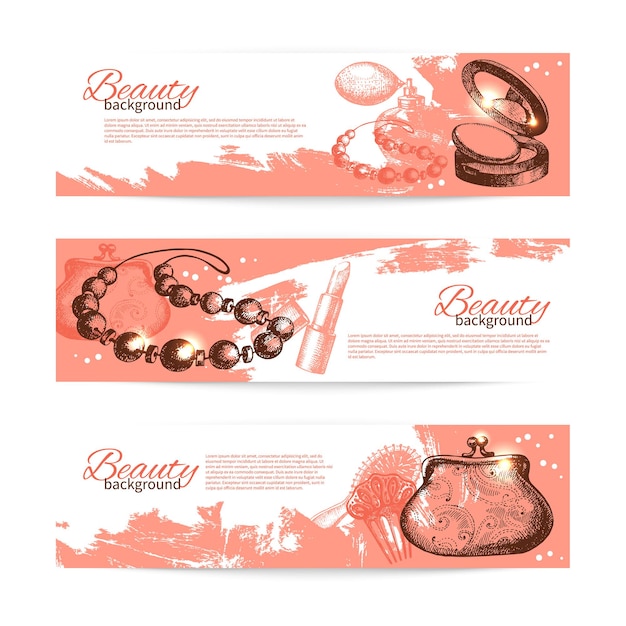 Set di banner di schizzo di bellezza. illustrazione vettoriale vintage disegnata a mano di accessori cosmetici
