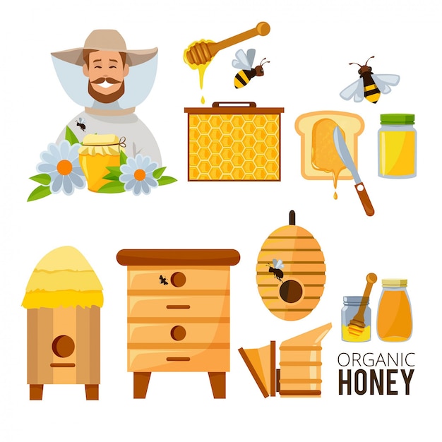 Set of beekeeper, beehive and bees