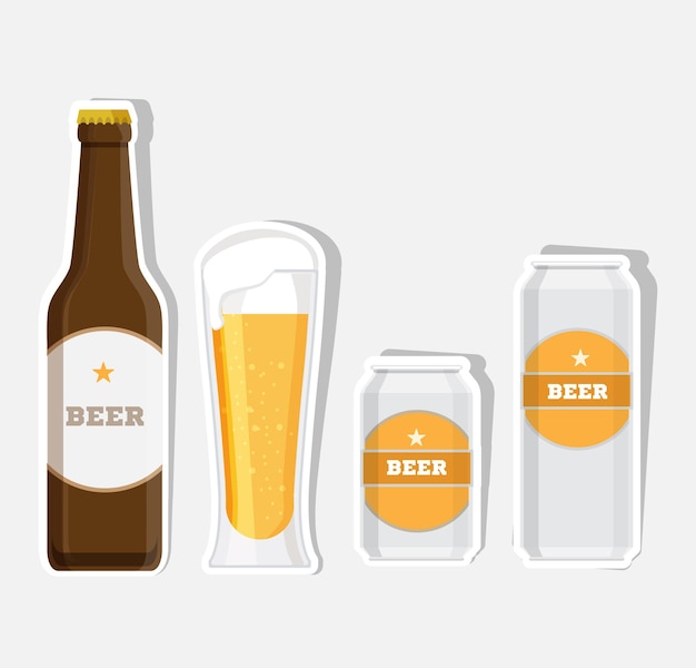 Set of beer bottle, mugs can and glasses.   flat icons set.