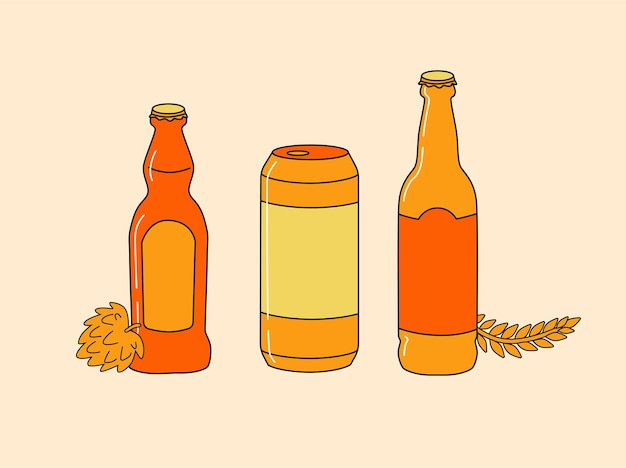 Vector set of beer bottles and beer can with wheat and hop