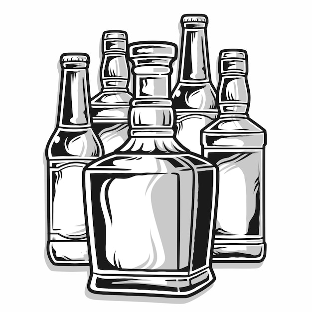  set of beer bottles, black and white, isolated on white