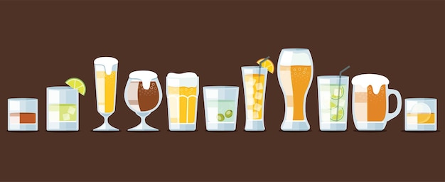 Vector set of beer and cocktail glasses vector illustration