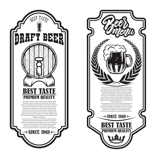 Set di volantini di birra con illustrazioni di boccali di luppolo e birra. elemento di design per poster, banner, segno, emblema. illustrazione vettoriale