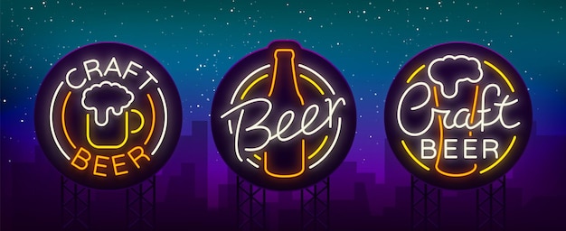 Set di logo della birra insegne al neon loghi dell'emblema in stile neon illustrazione vettoriale per la birreria bar pub birreria birra notturna pubblicità neon incandescente segno luminoso billboard