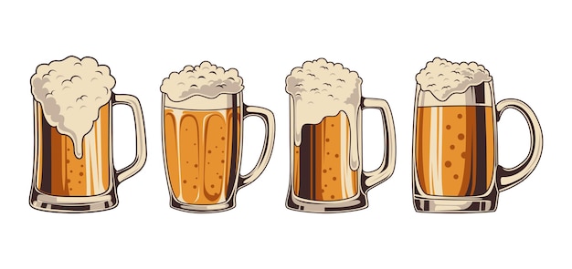 白い背景に隔離されたヴィンテージスタイルの泡状の新鮮な飲み物のビールカップのセット