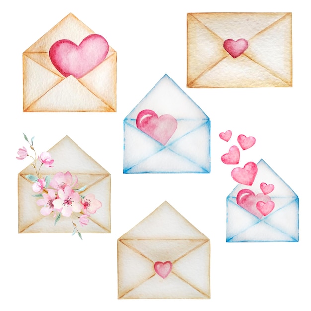 Set of beige and blue vintage envelopes with hearts and flowers.