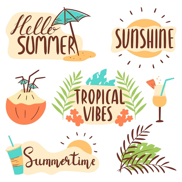 Vector set belettering hallo zomer, tropische vibes, zonneschijn. stickers cocktails verfrissend, bladeren, bloemen.