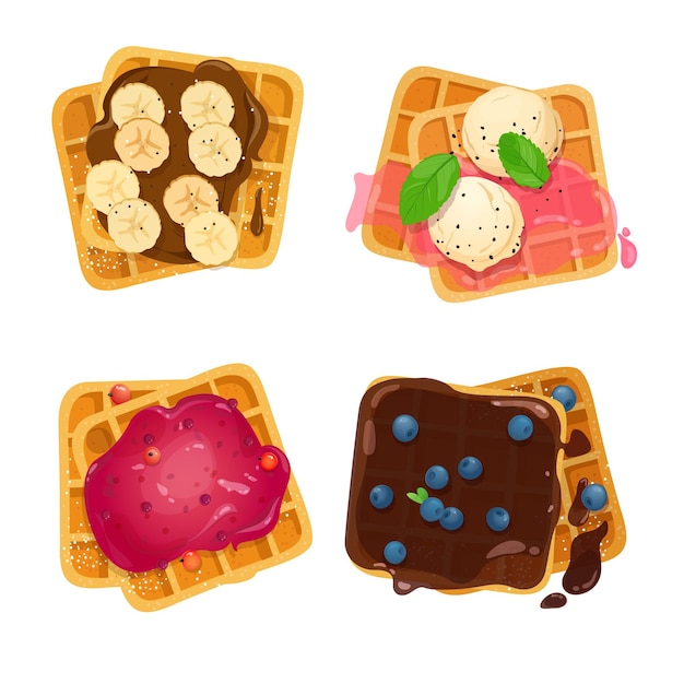 Vector set of belgian waffles with various toppings