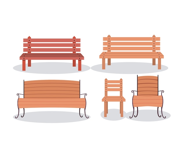 Vector set of bench wood chairs