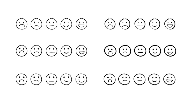 Set beoordeling emotie gezichten eenvoudige doodle hand getrokken stijl verdrietig of blij vectorillustratie