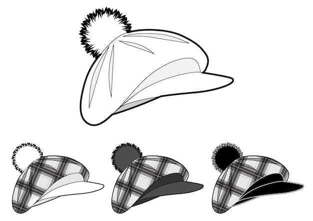 Vector set of berets with a pompom and a visor checkered pattern