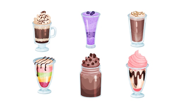 Set of berry milkshakes and chocolate mousses vector illustration