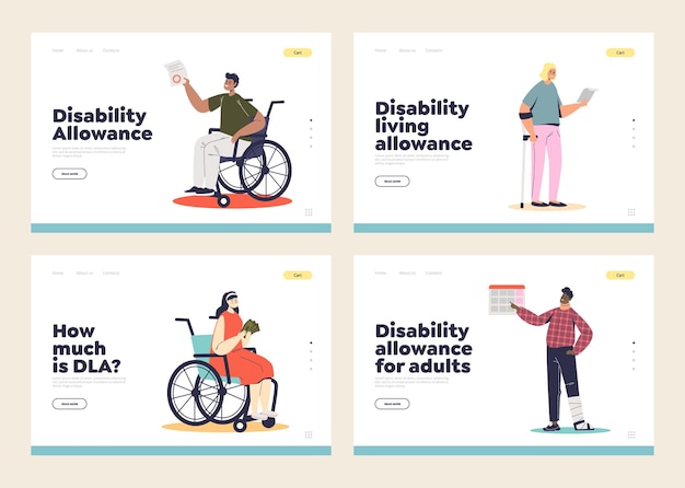 Set bestemmingspagina's met mensen met een handicap en het concept van levensonderhoud voor gehandicapten. gehandicapte mannen en vrouwen en financiële steun.