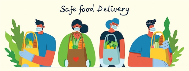 Vector set bezorger, mannen en vrouwen, mensen leveren voedsel, maaltijden en goederen. veilige goederen levering concept illustratie.