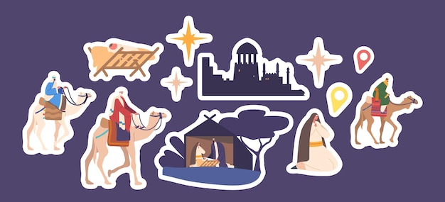 Vector set of biblical stickers magi characters on camels travel by night to visit baby jesus religious christmas patches