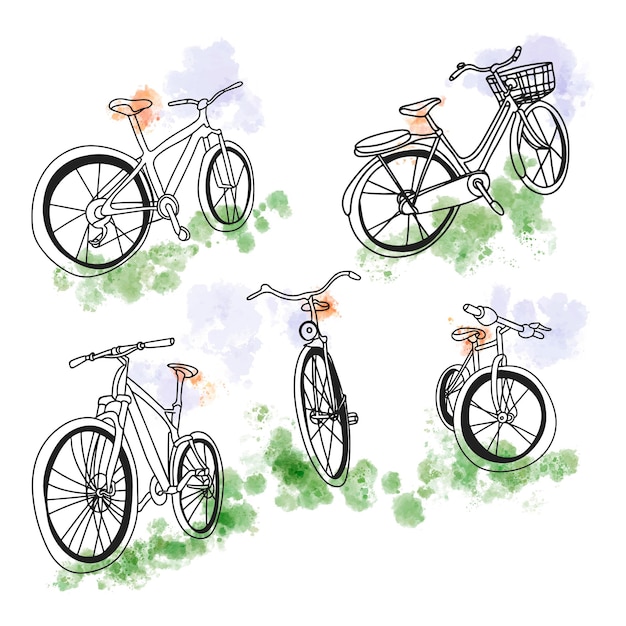 Vettore set di biciclette in stile doodle con sfondo ad acquerello