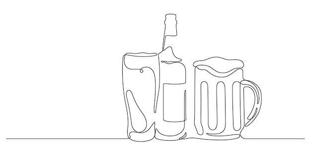 Vector set bier bier fles bier mok bierglas in één lijntekening