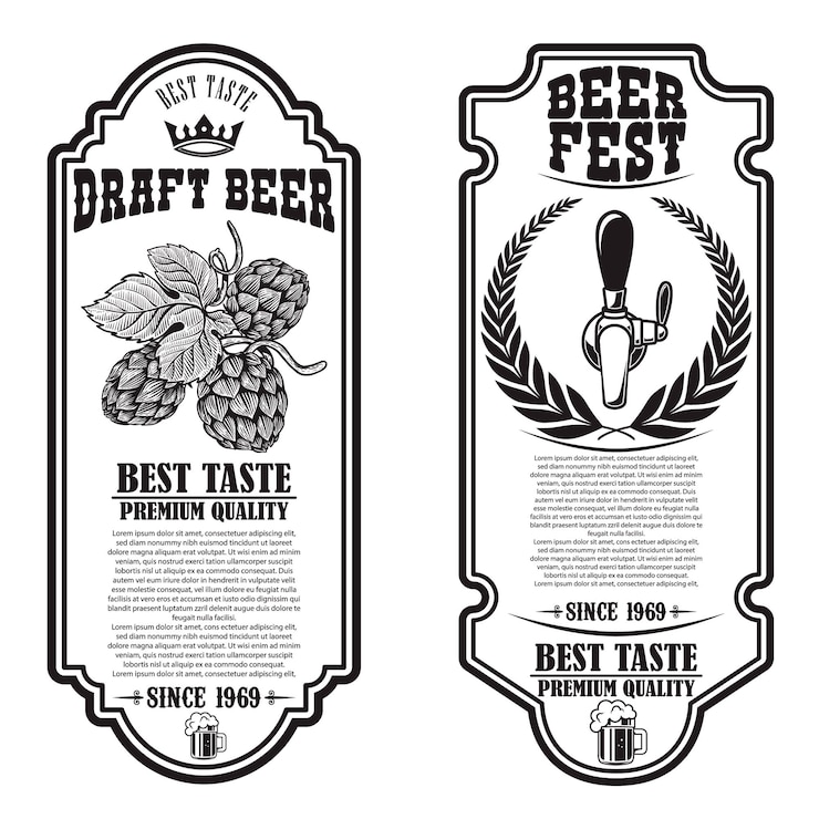 Vector set bier flyers met hop illustraties. ontwerpelement voor poster, spandoek, teken, embleem. vector illustratie