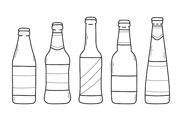 Vector set bierflesjes in doodle stijl lineaire verzameling flessen vectorillustratie