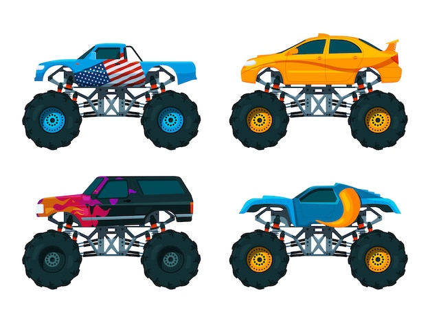 Impostare grandi auto monster truck. set di immagini vettoriali