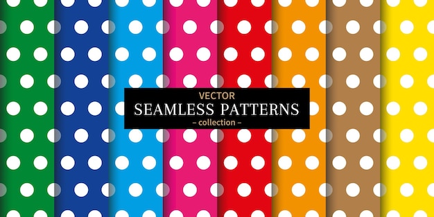 Set of big white polka dots seamless pattern on bright colorful backgrounds.