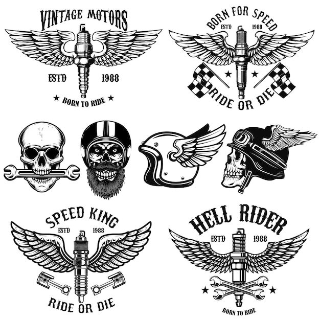 Set biker emblemen met gevleugelde bougies. racer schedel. element voor poster, kaart, logo, embleem, teken. beeld