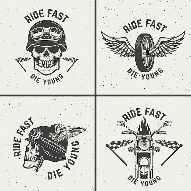 Vector set of biker emblems. racer skulls, winged wheels.  elements for logo, label, emblem, sign.  illustration