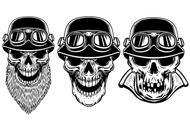 Set of biker skulls on white background. 