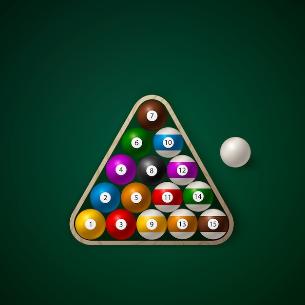 Vector set of billiard balls on in a wooden rack. billiard green table