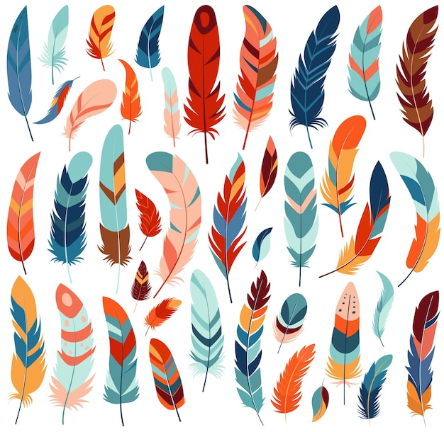 Set of bird feathers in flat style isolated vector