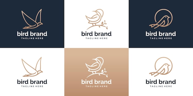 ライン アート スタイルの鳥のロゴ テンプレートのセット。クリエイティブな抽象的な鳥のロゴコレクション。