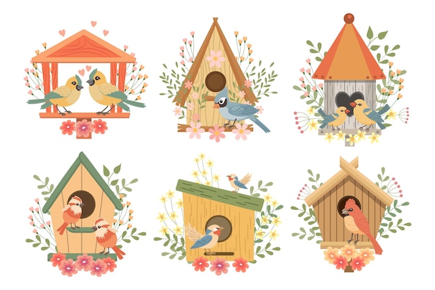 A set of birdhouses with cute birds decorated with flowers and leaves Spring pictures