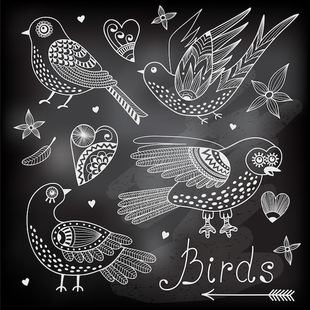 set birds and hearts illustration