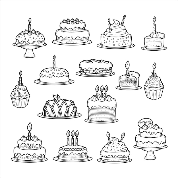 Set of birthday cake hand drawn outline illustration