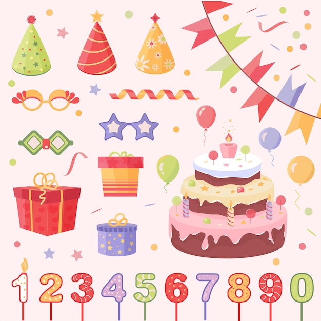 Vettore impostare l'illustrazione dei numeri dei toppers della torta di compleanno