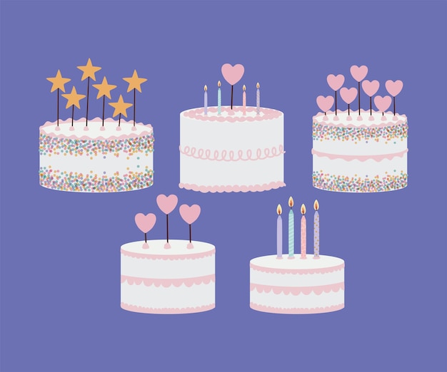 Vector set of birthday cakes on purple