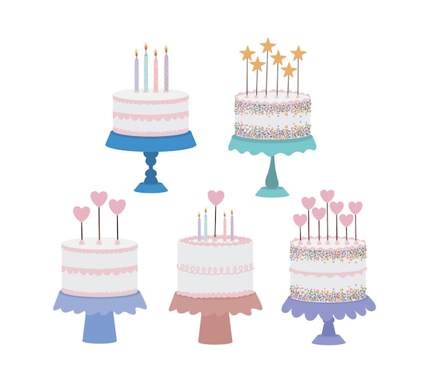 Set of birthday cakes on white