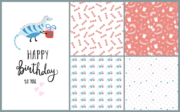 Set of birthday cards and seamless patterns decorated with handwritten wishes and festive elements