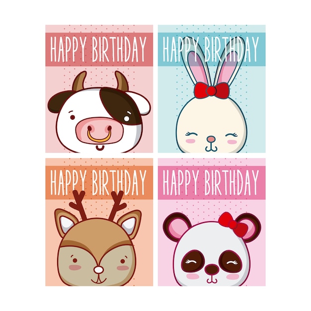 Set of birthday cards with animals cartoons