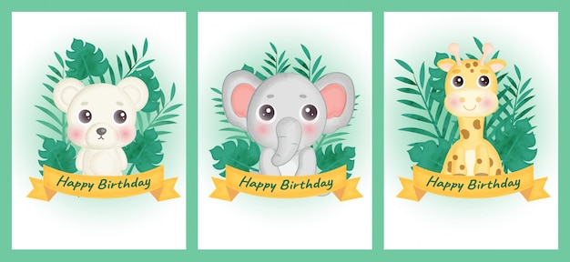 Set of birthday cards with bear ,elephant and giraffe in water color style.