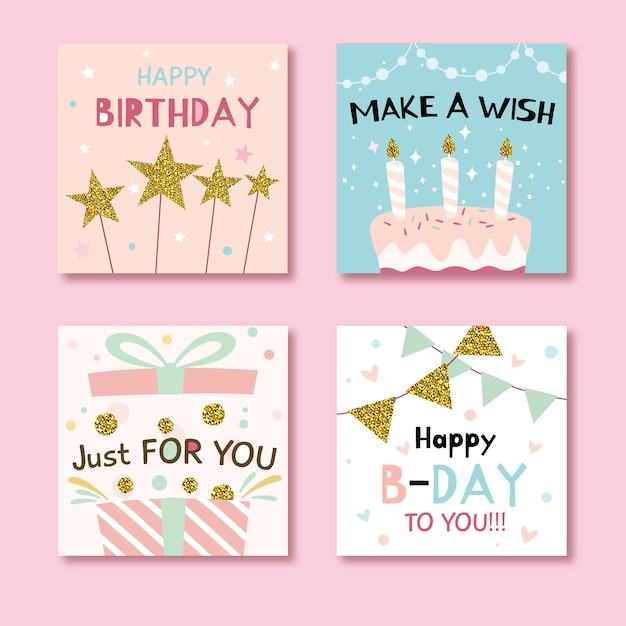 Set di carte di compleanno con elementi colorati del partito