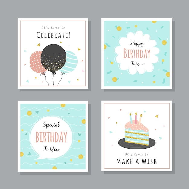 Set di carte di compleanno con elementi colorati del partito