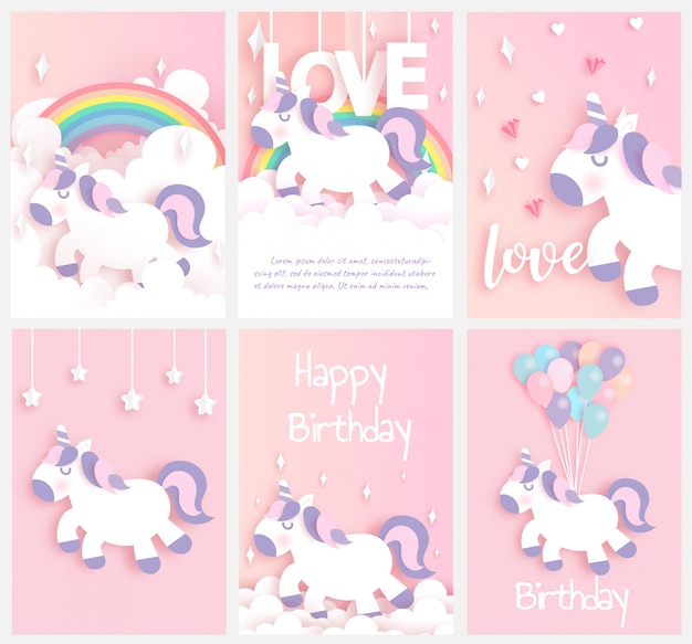 Set Di Biglietti D Auguri Con Un Simpatico lio Di Carta Unicorno E Stile Artigianale Vettore Premium