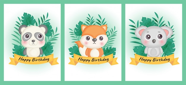 Set di carte di compleanno con panda, volpe e koala in stile colore dell'acqua.