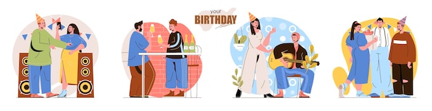 Impostare l'illustrazione del concetto di design piatto di compleanno dei personaggi delle persone