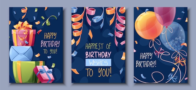 Вектор Набор поздравительных открыток на день рождения шаблон флаера с красочными воздушными шарами куча подарков конфети и змеи счастливого дня рождения дизайн приглашения на праздничную вечеринку годовщины